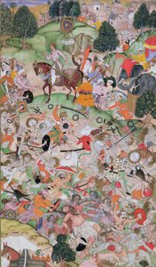 Akbar asistiendo en la disputa de los ascetas, del Akbarnama, Mughal, c.1590-95 (acuarela opaca y oro sobre papel) de Persian School